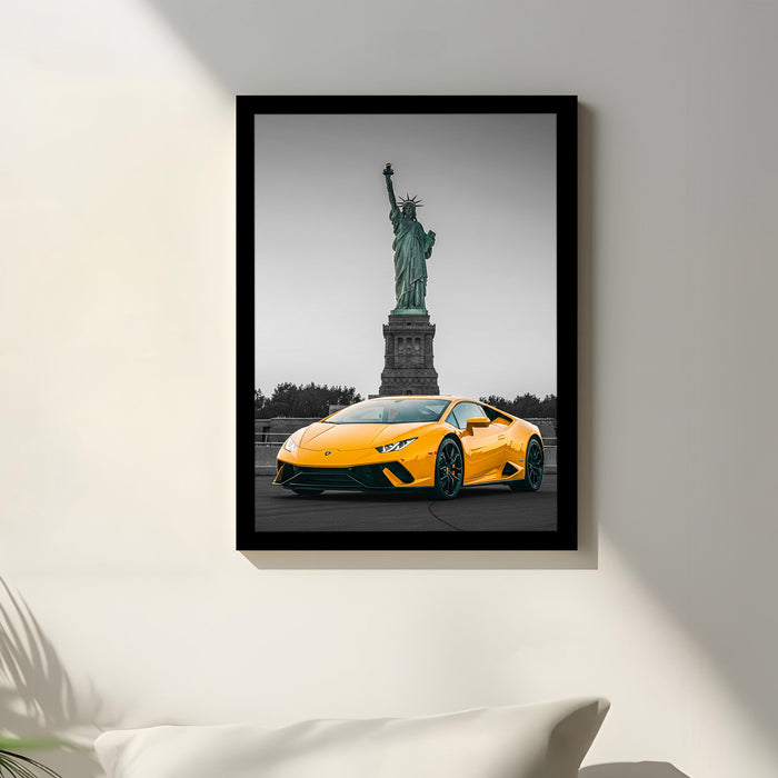 Automotive Wall Art Print for Boys and Man Room with Yellow Sports Car Illustration in Front of Statue of Liberty 32x44 cm