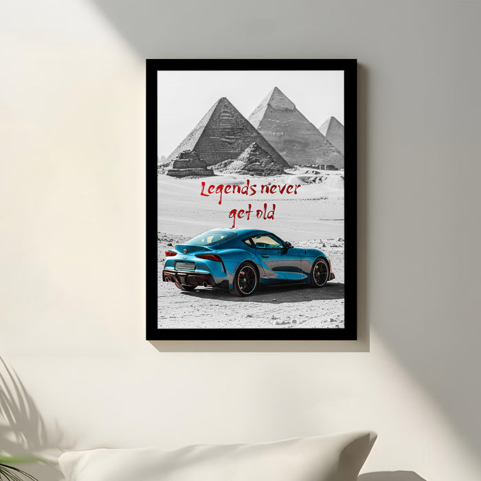 Automotive Wall Art Print for Boys and Man Room with Yellow Sports Car Illustration in Front of Statue of Liberty 32x44 cm