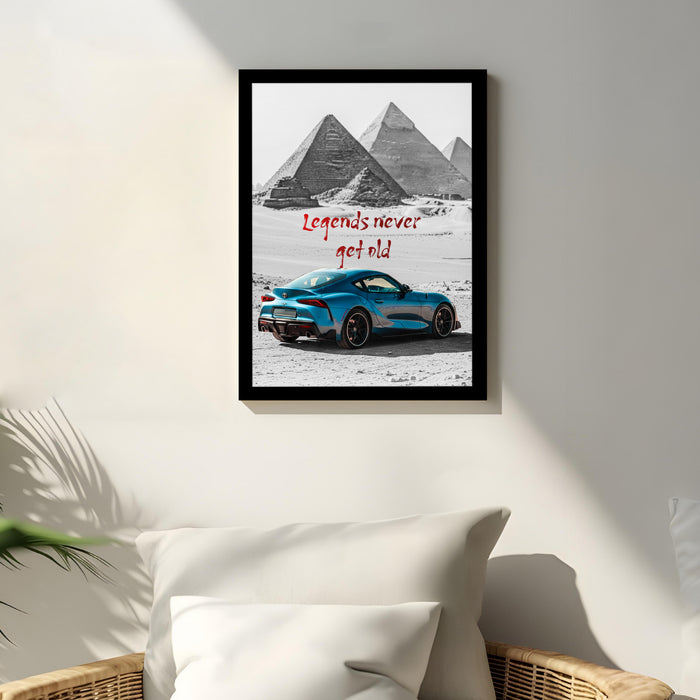 Automotive Wall Art Print for Boys and Man Room with Yellow Sports Car Illustration in Front of Statue of Liberty 32x44 cm