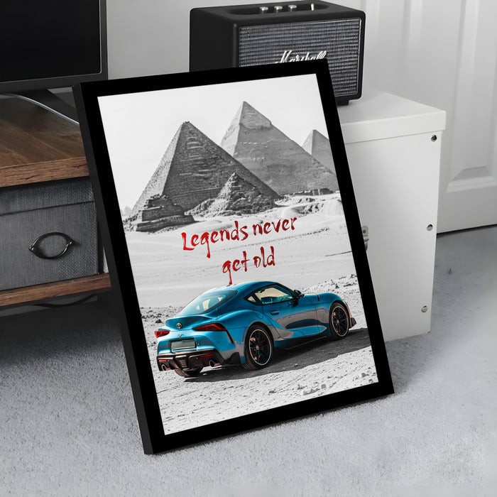 Automotive Wall Art Print for Boys and Man Room with Yellow Sports Car Illustration in Front of Statue of Liberty 32x44 cm