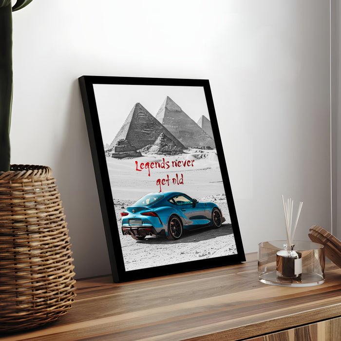 Automotive Wall Art Print for Boys and Man Room with Yellow Sports Car Illustration in Front of Statue of Liberty 32x44 cm