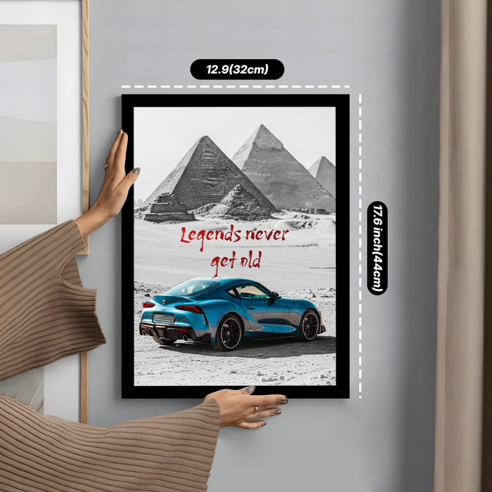 Automotive Wall Art Print for Boys and Man Room with Yellow Sports Car Illustration in Front of Statue of Liberty 32x44 cm