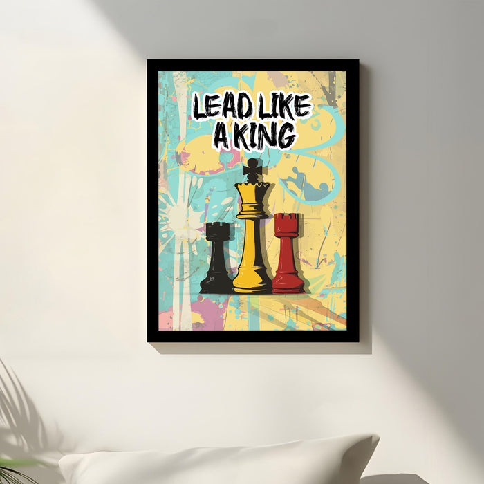 Motivational Framed Wall Art Print with Chess Piece Illustration Featuring King and Rooks 32x44 cm