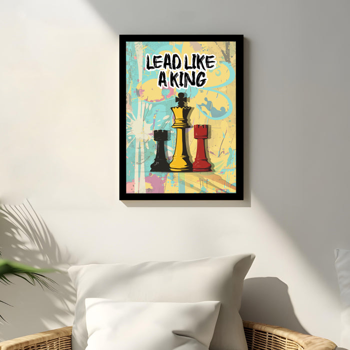 Motivational Framed Wall Art Print with Chess Piece Illustration Featuring King and Rooks 32x44 cm