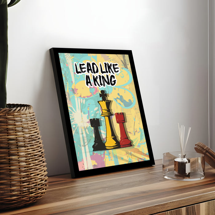 Motivational Framed Wall Art Print with Chess Piece Illustration Featuring King and Rooks 32x44 cm