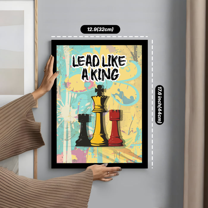 Motivational Framed Wall Art Print with Chess Piece Illustration Featuring King and Rooks 32x44 cm
