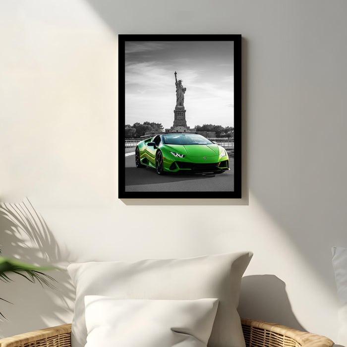 Automotive Wall Art Print for Boys and Man Room with Yellow Sports Car Illustration in Front of Statue of Liberty 32x44 cm