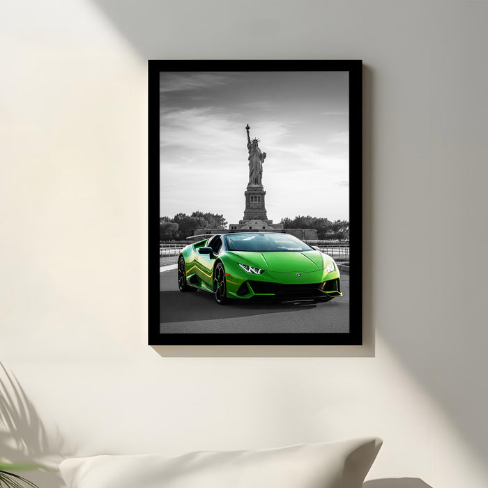 Automotive Wall Art Print for Boys and Man Room with Yellow Sports Car Illustration in Front of Statue of Liberty 32x44 cm