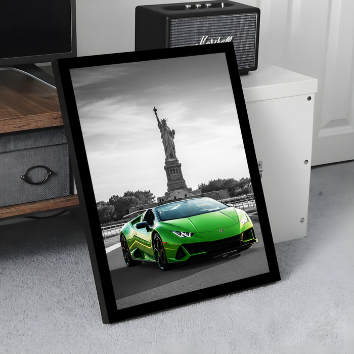 Automotive Wall Art Print for Boys and Man Room with Yellow Sports Car Illustration in Front of Statue of Liberty 32x44 cm