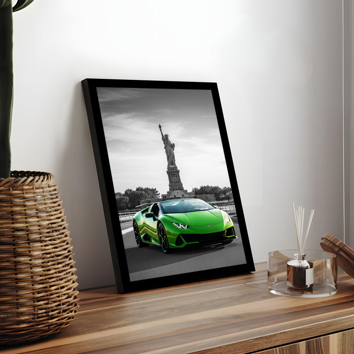 Automotive Wall Art Print for Boys and Man Room with Yellow Sports Car Illustration in Front of Statue of Liberty 32x44 cm