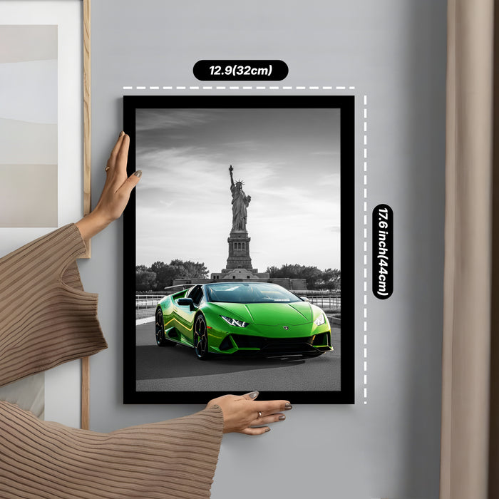 Automotive Wall Art Print for Boys and Man Room with Yellow Sports Car Illustration in Front of Statue of Liberty 32x44 cm