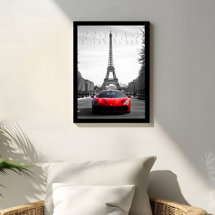 Automotive Wall Art Print for Boys and Man Room with Yellow Sports Car Illustration in Front of Statue of Liberty 32x44 cm