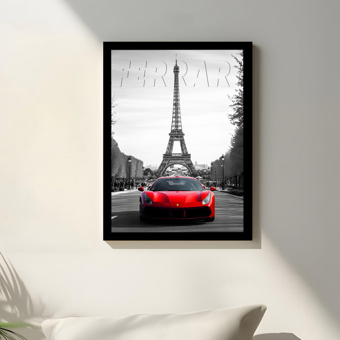 Automotive Wall Art Print for Boys and Man Room with Yellow Sports Car Illustration in Front of Statue of Liberty 32x44 cm