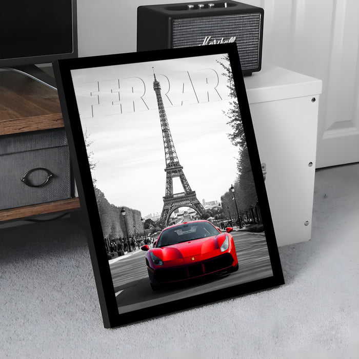 Automotive Wall Art Print for Boys and Man Room with Yellow Sports Car Illustration in Front of Statue of Liberty 32x44 cm