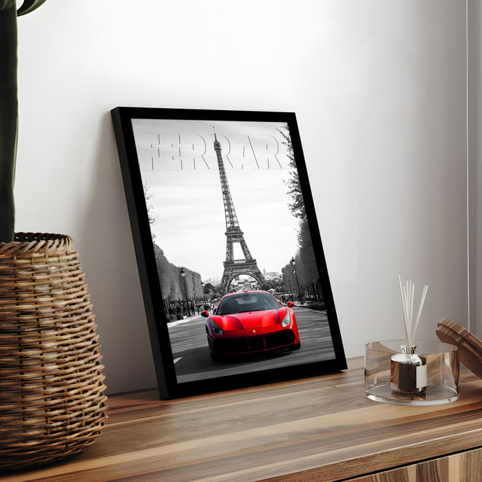 Automotive Wall Art Print for Boys and Man Room with Yellow Sports Car Illustration in Front of Statue of Liberty 32x44 cm