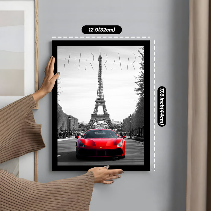 Automotive Wall Art Print for Boys and Man Room with Yellow Sports Car Illustration in Front of Statue of Liberty 32x44 cm