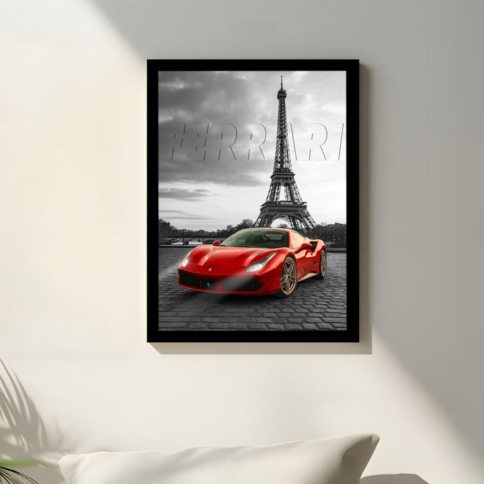 Automotive Wall Art Print for Boys and Man Room with Yellow Sports Car Illustration in Front of Statue of Liberty 32x44 cm