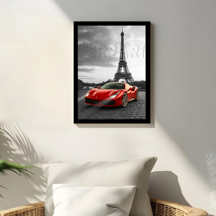 Automotive Wall Art Print for Boys and Man Room with Yellow Sports Car Illustration in Front of Statue of Liberty 32x44 cm
