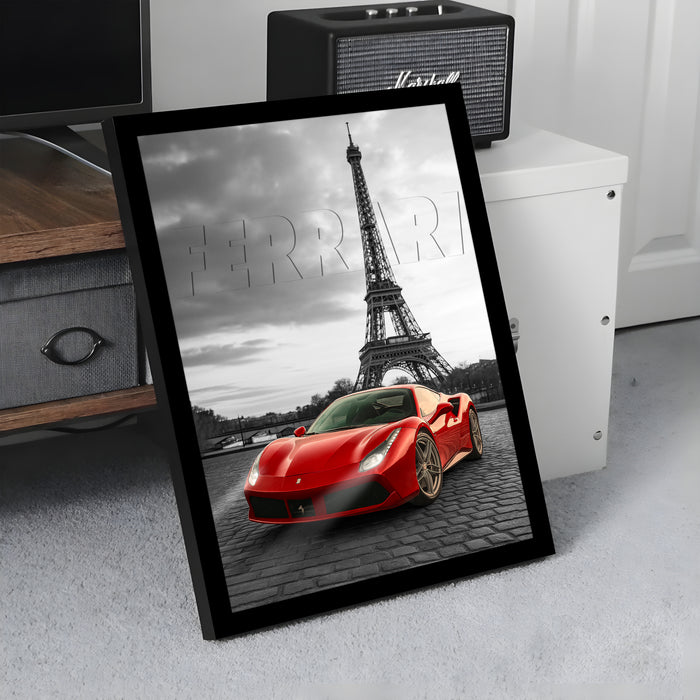 Automotive Wall Art Print for Boys and Man Room with Yellow Sports Car Illustration in Front of Statue of Liberty 32x44 cm