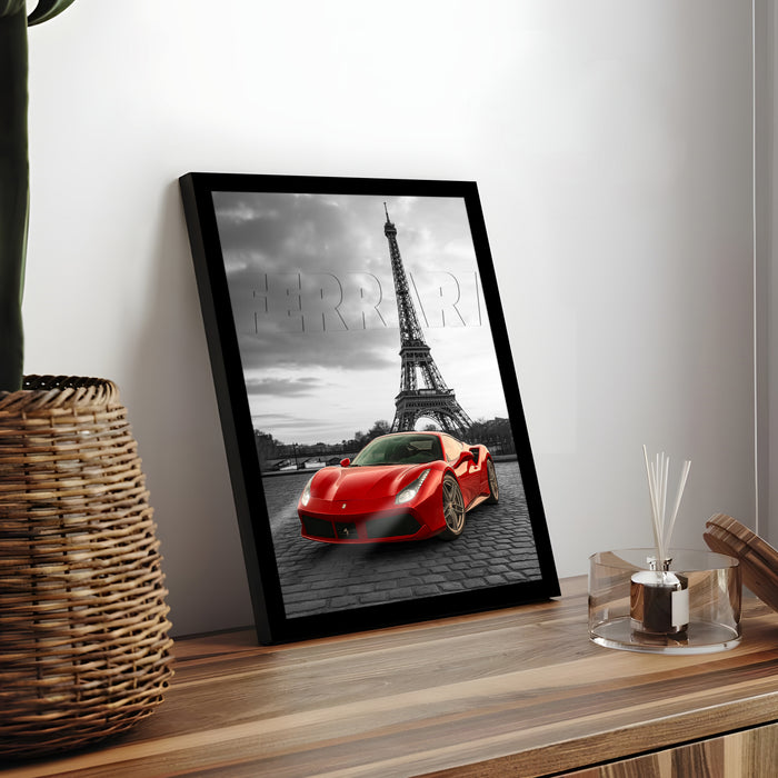 Automotive Wall Art Print for Boys and Man Room with Yellow Sports Car Illustration in Front of Statue of Liberty 32x44 cm
