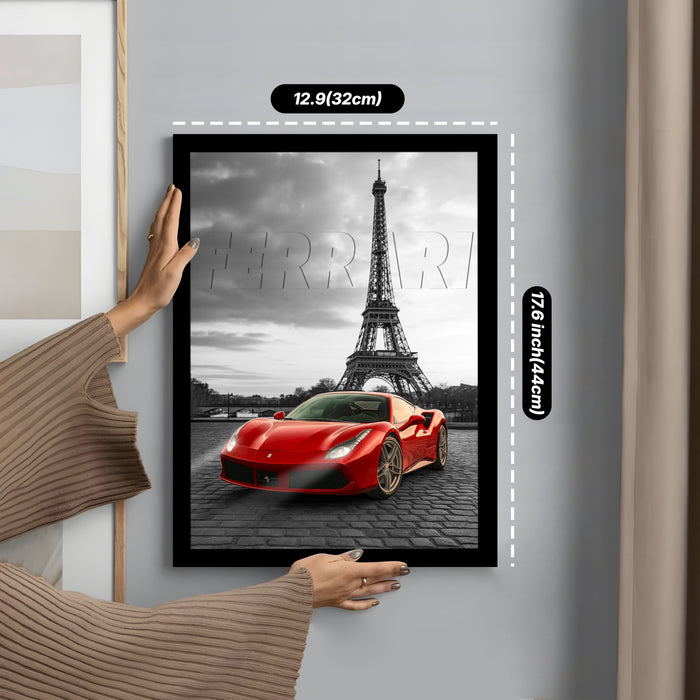 Automotive Wall Art Print for Boys and Man Room with Yellow Sports Car Illustration in Front of Statue of Liberty 32x44 cm