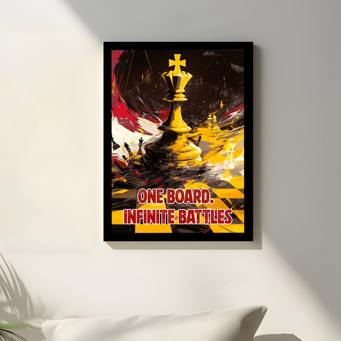 Motivational Framed Wall Art Print with Chess Piece Illustration Featuring King and Rooks 32x44 cm