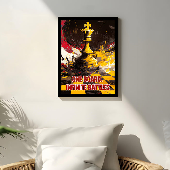 Motivational Framed Wall Art Print with Chess Piece Illustration Featuring King and Rooks 32x44 cm