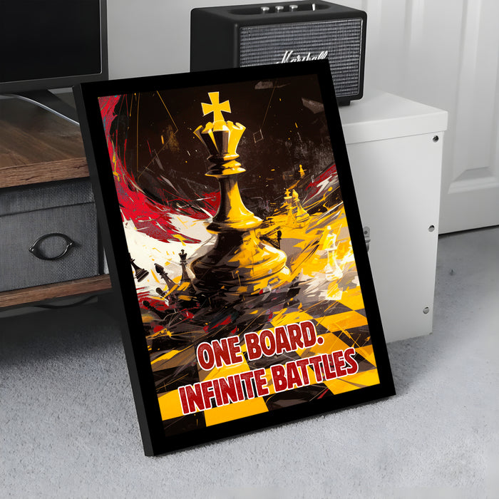 Motivational Framed Wall Art Print with Chess Piece Illustration Featuring King and Rooks 32x44 cm