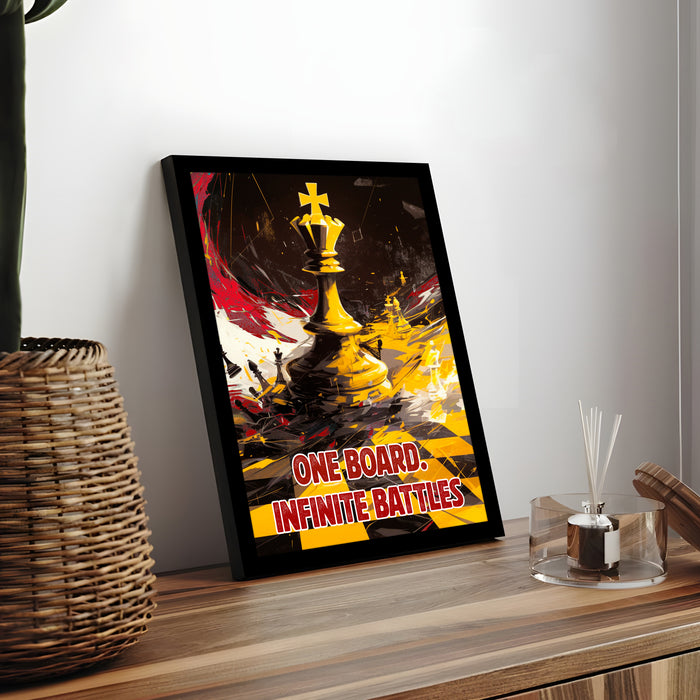 Motivational Framed Wall Art Print with Chess Piece Illustration Featuring King and Rooks 32x44 cm
