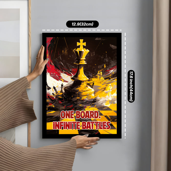 Motivational Framed Wall Art Print with Chess Piece Illustration Featuring King and Rooks 32x44 cm