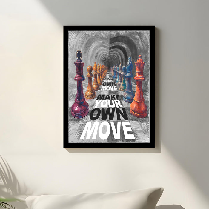 Motivational Framed Wall Art Print with Chess Piece Illustration Featuring King and Rooks 32x44 cm