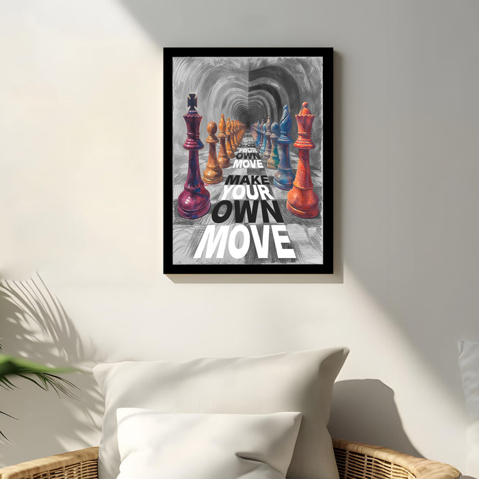 Motivational Framed Wall Art Print with Chess Piece Illustration Featuring King and Rooks 32x44 cm