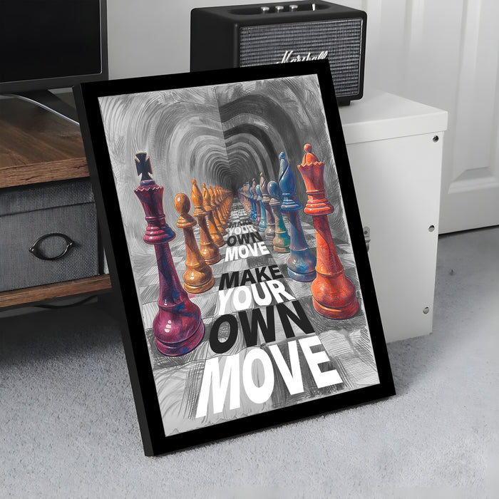 Motivational Framed Wall Art Print with Chess Piece Illustration Featuring King and Rooks 32x44 cm