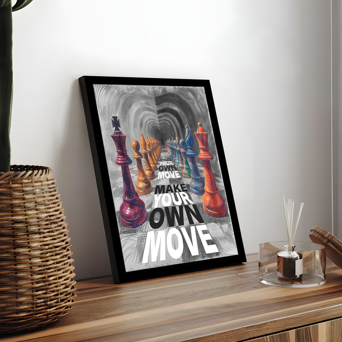 Motivational Framed Wall Art Print with Chess Piece Illustration Featuring King and Rooks 32x44 cm