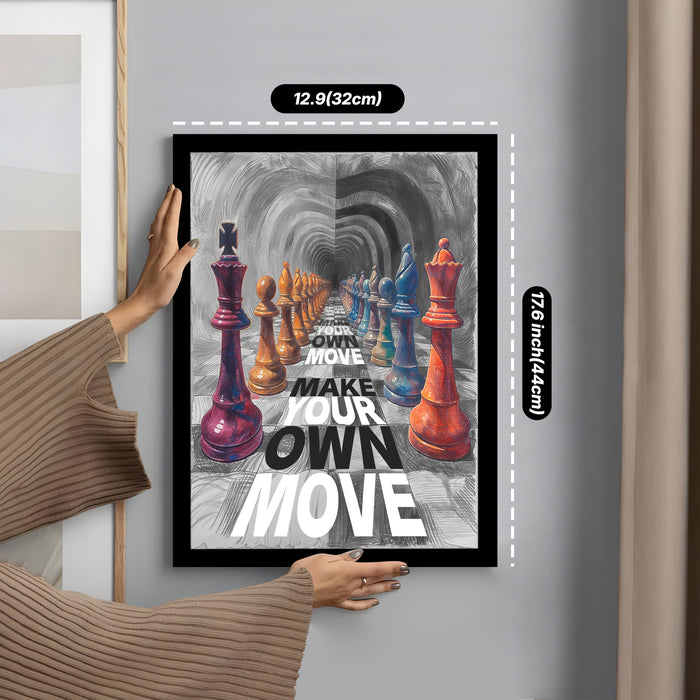 Motivational Framed Wall Art Print with Chess Piece Illustration Featuring King and Rooks 32x44 cm