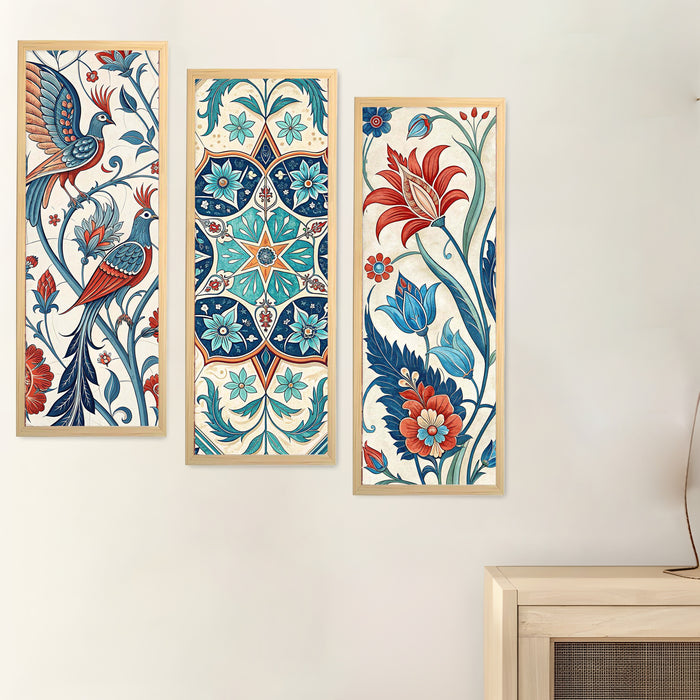 Framed Art Print Set of 3 Floral Turkish and Islamic Wall Art Prints Madhubani-Inspired Indian Prints Wall Hanging Frame Beige 25x48 cm