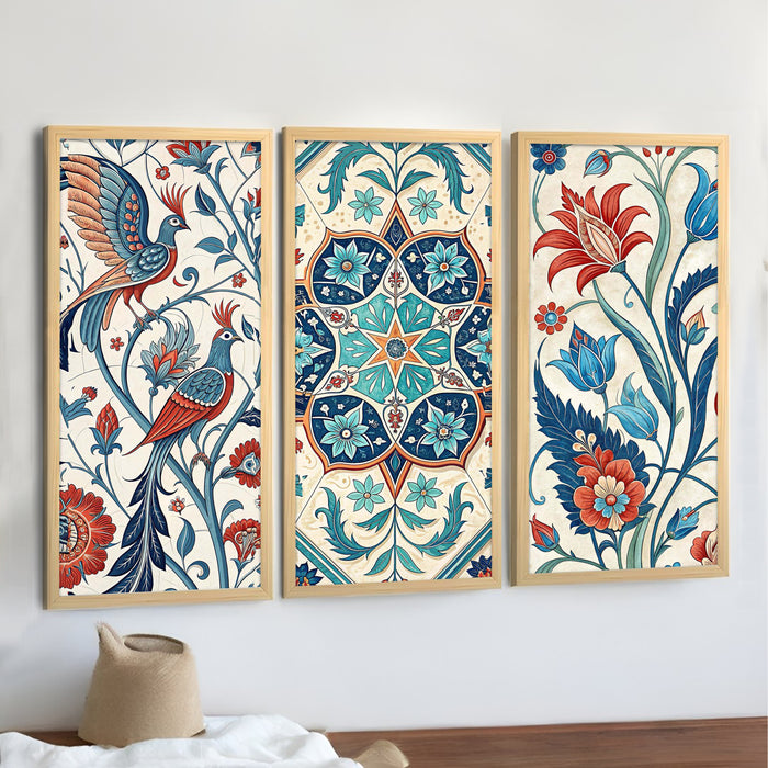 Framed Art Print Set of 3 Floral Turkish and Islamic Wall Art Prints Madhubani-Inspired Indian Prints Wall Hanging Frame Beige 25x48 cm