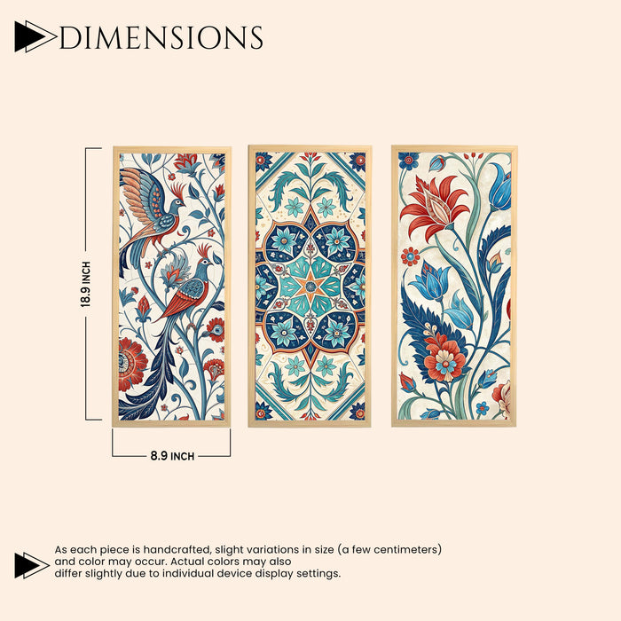 Framed Art Print Set of 3 Floral Turkish and Islamic Wall Art Prints Madhubani-Inspired Indian Prints Wall Hanging Frame Beige 25x48 cm