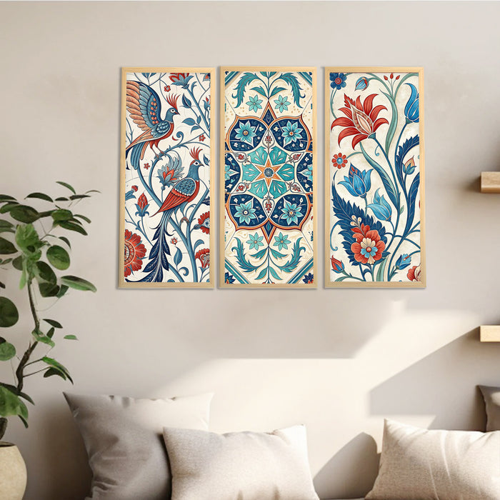 Framed Art Print Set of 3 Floral Turkish and Islamic Wall Art Prints Madhubani-Inspired Indian Prints Wall Hanging Frame Beige 25x48 cm