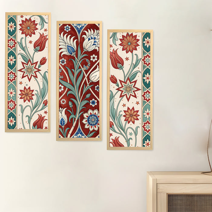 Framed Art Print Set of 3 Floral Turkish and Islamic Wall Art Prints Madhubani-Inspired Indian Prints Wall Hanging Frame Beige 25x48 cm