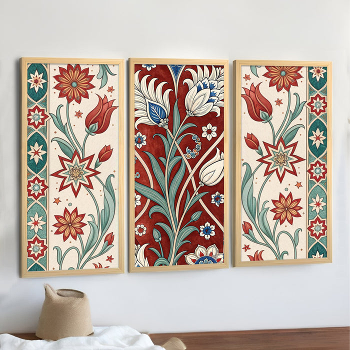 Framed Art Print Set of 3 Floral Turkish and Islamic Wall Art Prints Madhubani-Inspired Indian Prints Wall Hanging Frame Beige 25x48 cm