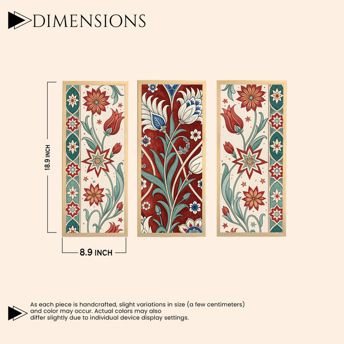 Framed Art Print Set of 3 Floral Turkish and Islamic Wall Art Prints Madhubani-Inspired Indian Prints Wall Hanging Frame Beige 25x48 cm