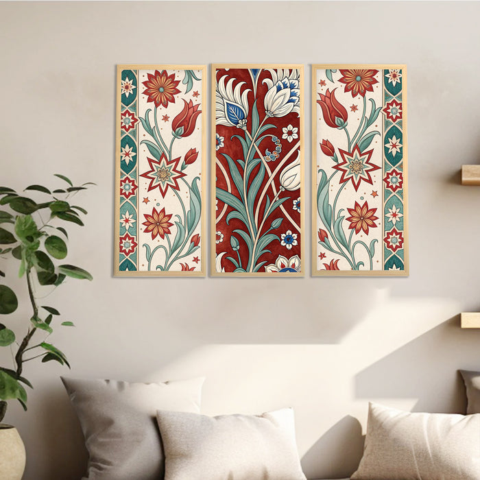Framed Art Print Set of 3 Floral Turkish and Islamic Wall Art Prints Madhubani-Inspired Indian Prints Wall Hanging Frame Beige 25x48 cm