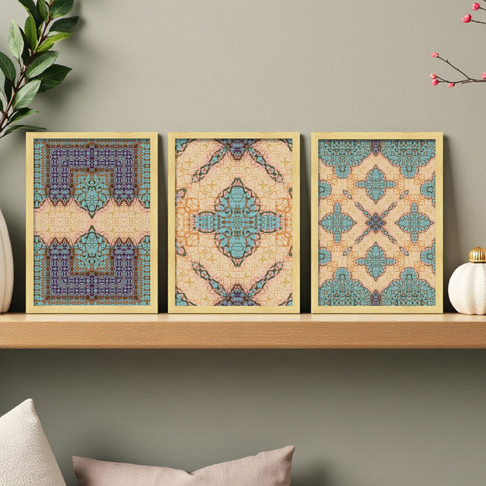 Framed Art Print Set of 3 Floral and Birds Turkish and Islamic Wall Art Prints Madhubani Inspired Indian Prints 30x41 cm