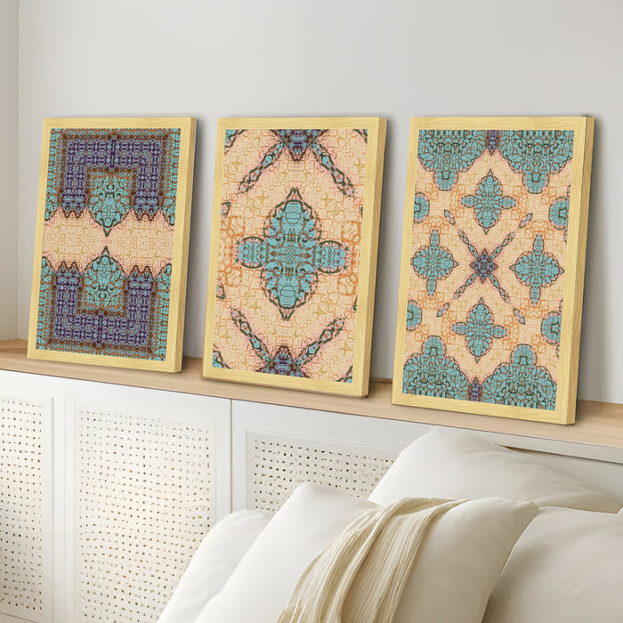 Framed Art Print Set of 3 Floral and Birds Turkish and Islamic Wall Art Prints Madhubani Inspired Indian Prints 30x41 cm