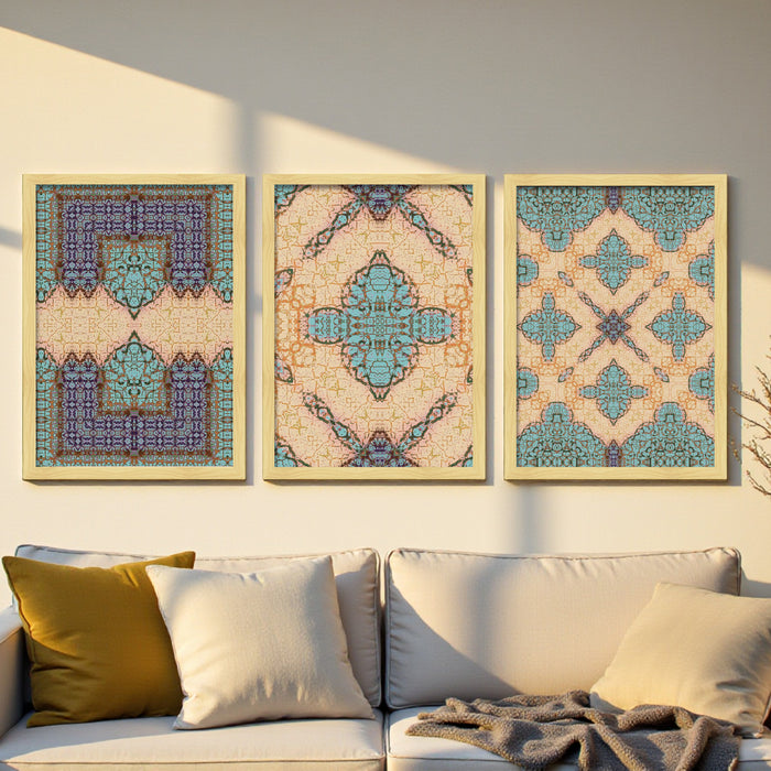 Framed Art Print Set of 3 Floral and Birds Turkish and Islamic Wall Art Prints Madhubani Inspired Indian Prints 30x41 cm