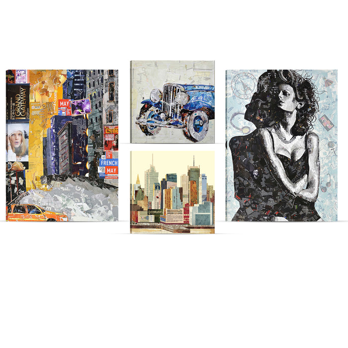 Art Street World Cities Set of 4 Multicolor Stretched Canvas Painitng For Home Decor ( Size - 16"x22" - 2pc, 12"x12" - 2pc )