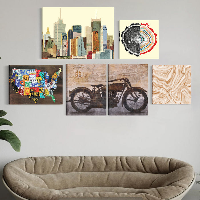 Art Street Calefornia US 66 Vintage Motorbike Set of 6 Stretched Canvas Art Prints for home décor ( Size:- 16x22-1pc,12x16-2pc, 12x12-3pc)