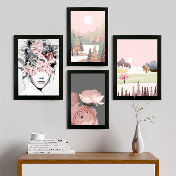 Art Street Set of 4 Pink Girl Flower Bouquet for Living Room Decoration Black Framed Art Print for Home Décor.