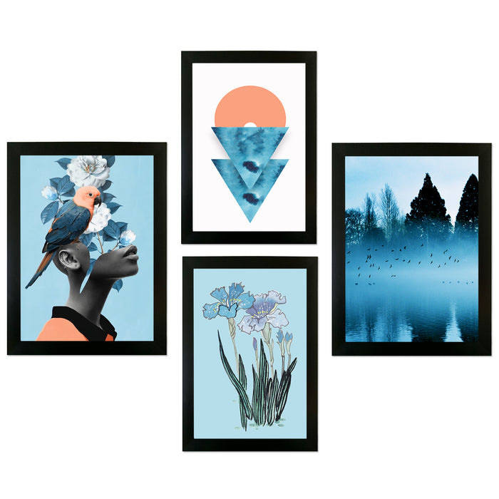 Art Street Set of 4 Blue Girl & Flower Bouquet for Decoration Black & White Framed Art Print for Home Décor.